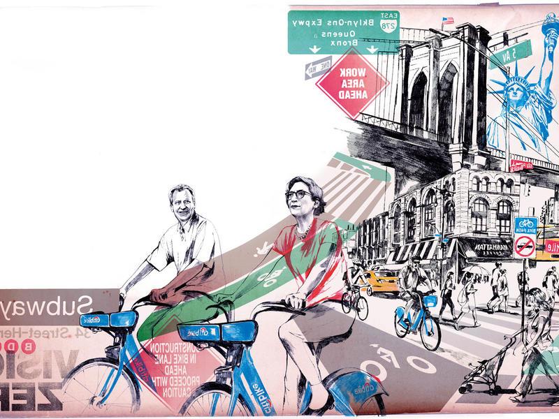 插图曼哈顿街景，polly trottenberg骑自行车